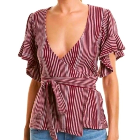 Free People Cache Coeur Top Maroon Red Gray Stripe Bell Sleeve Festive Sz Small - Picture 5 of 8